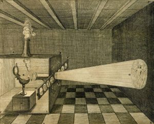 Первая публикация изображения «Волшебного фонаря» в книге Атанасиуса Кирчера «Ars Magna Lucis et Umbra» (1671).